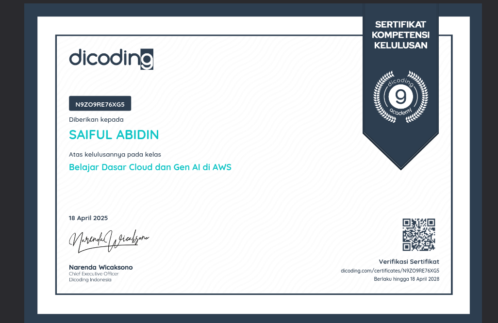 Dicoding AWS cloud and generative AI certificate