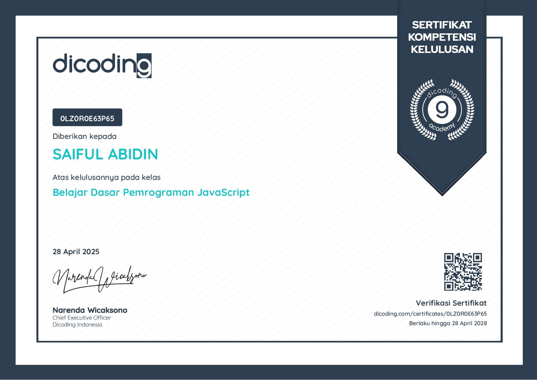 Dicoding basic JavaScript programming certificate