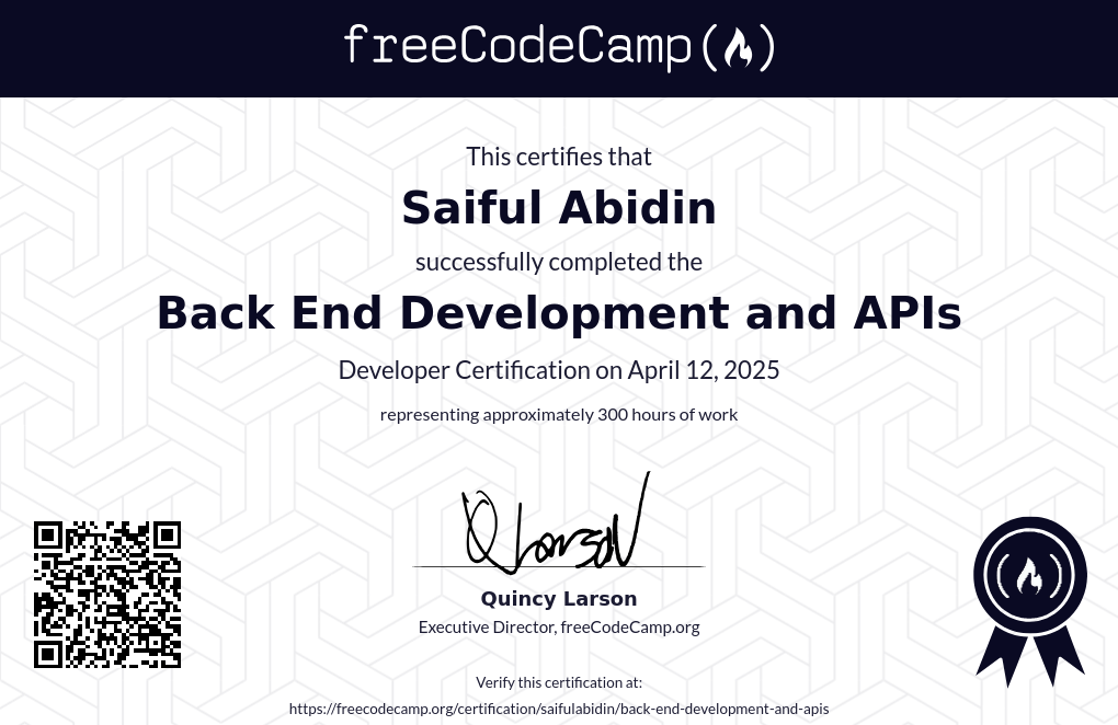 freeCodeCamp backend development and APIs certificate