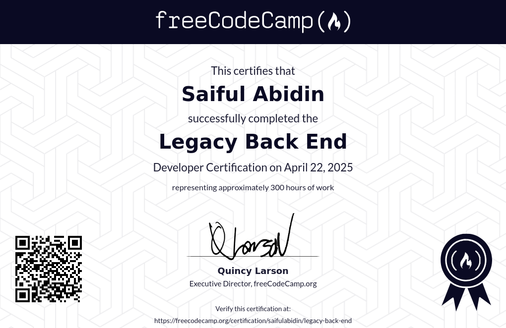freeCodeCamp legacy backend development certificate